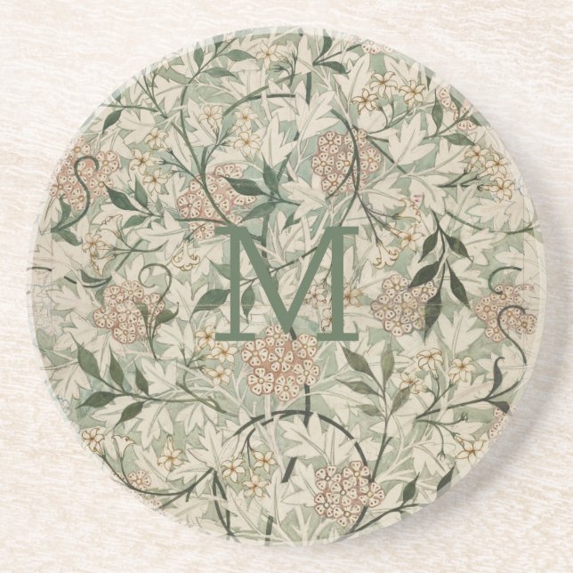 Posavasos Beige monogramado, verde sabio, floral de melocotó (Frente)