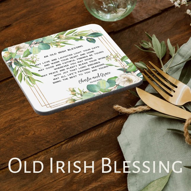 Posavasos Bendición y vegetación Boda de Irlanda 2 (Square wedding coaster with an old Irish blessing. Beautiful white roses with touches of gold.)
