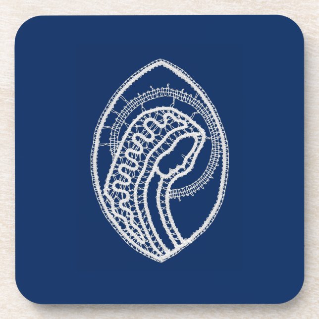 Posavasos Bendita Virgen María, encaje blanco, azul marino (Frente)