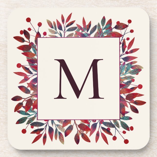 Posavasos Berries de Borgoña y hojas de otoño Monograma (Frente)