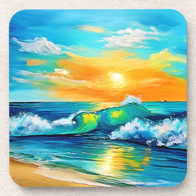 Posavasos Beso del océano: Olas de atardecer (Frente)