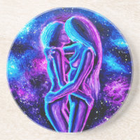 Beso lesbiano en azul y púrpura