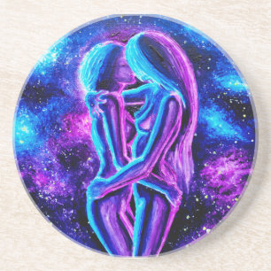 Posavasos Beso lesbiano en azul y púrpura
