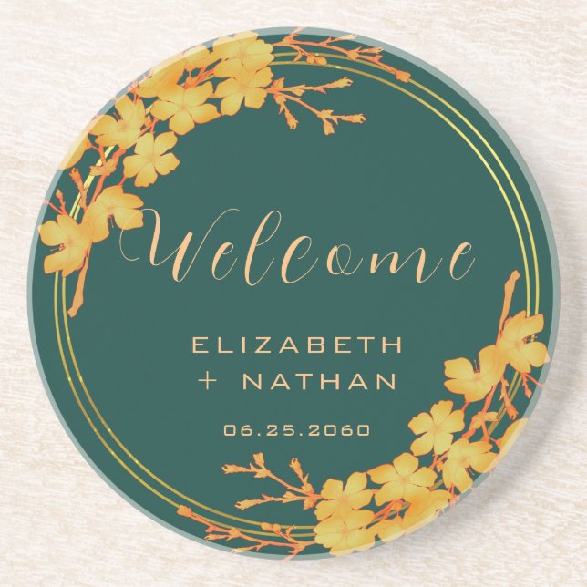 Posavasos Bienvenida a Boda floral de oro verde esmeralda (Frente)