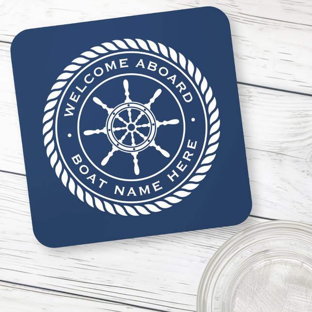 Posavasos Bienvenida a bordo del barco nombre rueda del barc (Welcome aboard boat name nautical ship's wheel beverage coaster)