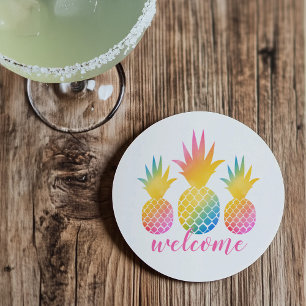 Posavasos Bienvenida Acuarela Arcoíris Rosa Piña Tropical
