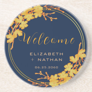 Posavasos Bienvenida Boda azul de la Marina Floral de Oro Cl