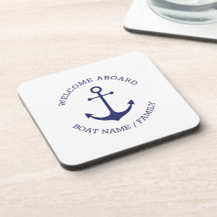 Posavasos Bienvenida personalizado Aboard ancla náutica azul