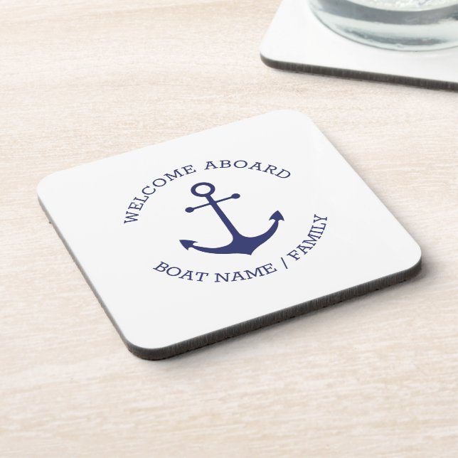 Posavasos Bienvenida personalizado Aboard ancla náutica azul (Lado Izquierdo)