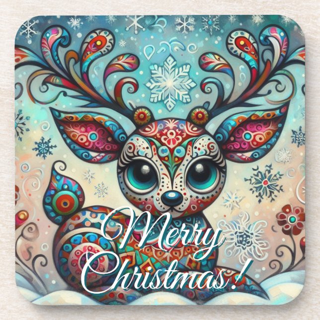 Posavasos Big Eye Christmas Reindeer Folk Art Personalized (Frente)