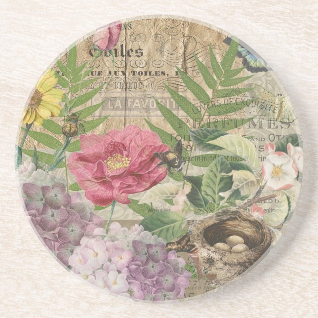 Posavasos Bird Nest Floral Jardín Flor Mariposa Arte (Frente)