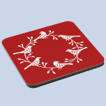 Posavasos Bird Wreath Scandinavian<br><div class="desc">corona de ave y cadera escandinava bonito. Blanco sobre un fondo rojo.</div>