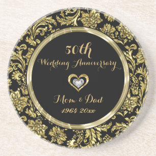 Posavasos Black And Gold Damask 50 Aniversario del Boda 2