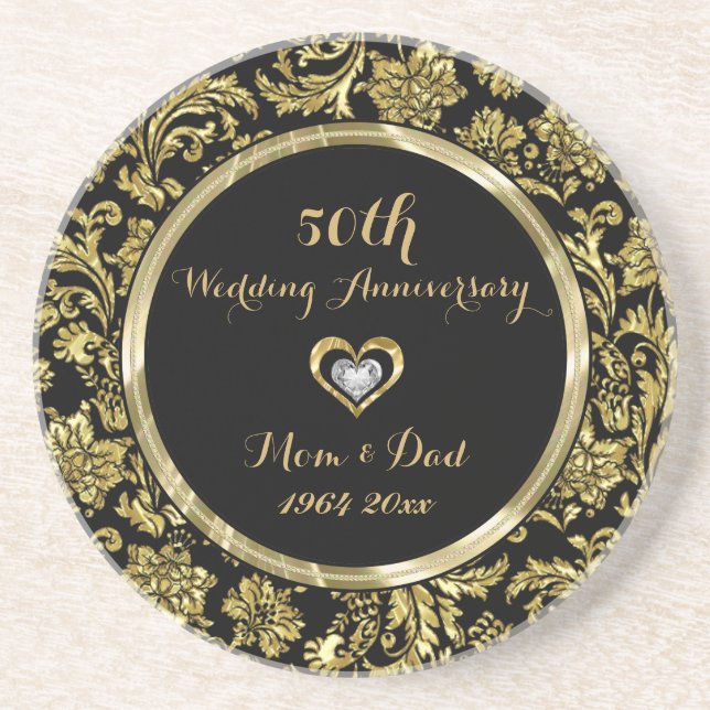 Posavasos Black And Gold Damask 50 Aniversario del Boda 2 (Frente)