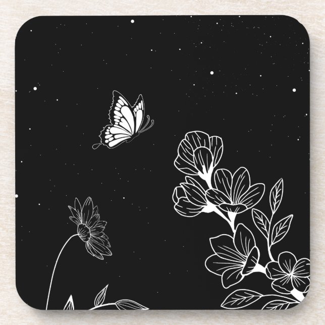 Posavasos Black and White Butterfly and Flowers at Night Art (Frente)