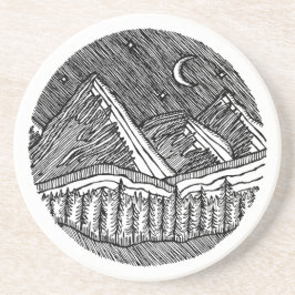 Posavasos Black and White Ink-Drawn Round Alp Landscape