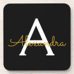 Posavasos Black Gold Modern Script Girly Monograma Nombre<br><div class="desc">Máster de papel de monograma con escritura simple en negro y oro. Esto hace que la graduación perfecta, el cumpleaños, el boda, la ducha de novia, el aniversario, la ducha de bebé o la fiesta de soltera sea un regalo para alguien que ama el lujo glam y los estilos de...</div>