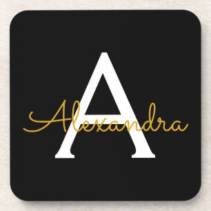 Posavasos Black Gold Modern Script Girly Monograma Nombre