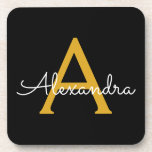 Posavasos Black Gold Modern Script Girly Monograma Nombre<br><div class="desc">Máster de papel de monograma con escritura simple en negro y oro. Esto hace que la graduación perfecta, el cumpleaños, el boda, la ducha de novia, el aniversario, la ducha de bebé o la fiesta de soltera sea un regalo para alguien que ama el lujo glam y los estilos de...</div>