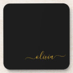 Posavasos Black Gold Modern Script Girly Monograma Nombre<br><div class="desc">Máster de papel de monograma con escritura simple en negro y oro. Esto hace que la graduación perfecta, el cumpleaños, el boda, la ducha de novia, el aniversario, la ducha de bebé o la fiesta de soltera sea un regalo para alguien que ama el lujo glam y los estilos de...</div>