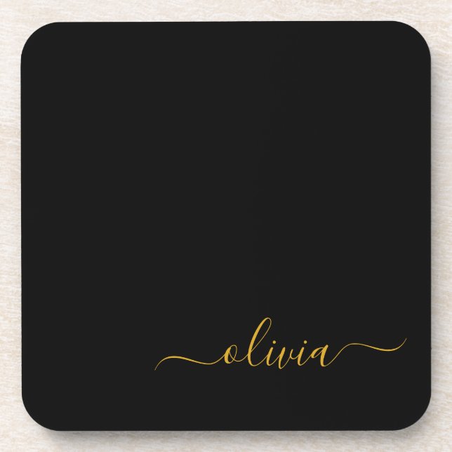 Posavasos Black Gold Modern Script Girly Monograma Nombre (Frente)