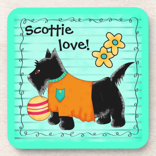 Posavasos Black Scottie Terrier Dog Love Personalizado Verde (Frente)