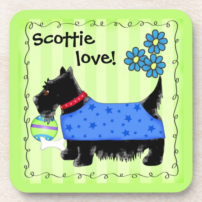 Posavasos Black Scottie Terrier Dog Love Personalized Green (Frente)