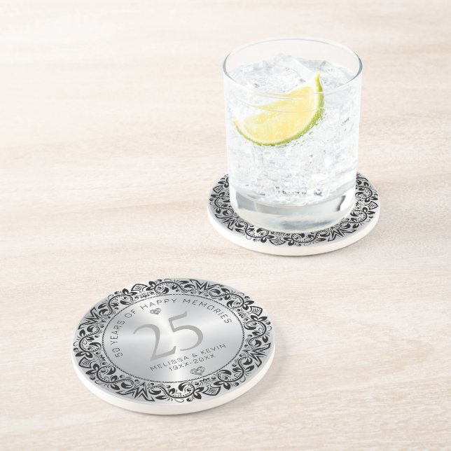 Posavasos Black Silver Floral Lace 25° Aniversario del Boda (Lado)