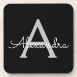 Posavasos Black Silver Modern Script Girly Monograma Nombre<br><div class="desc">Máster de papel de monograma con escritura simple en negro y plateado. Esto hace que la graduación perfecta, el cumpleaños, el boda, la ducha de novia, el aniversario, la ducha de bebé o la fiesta de soltera sea un regalo para alguien que ama el lujo glam y los estilos de...</div>