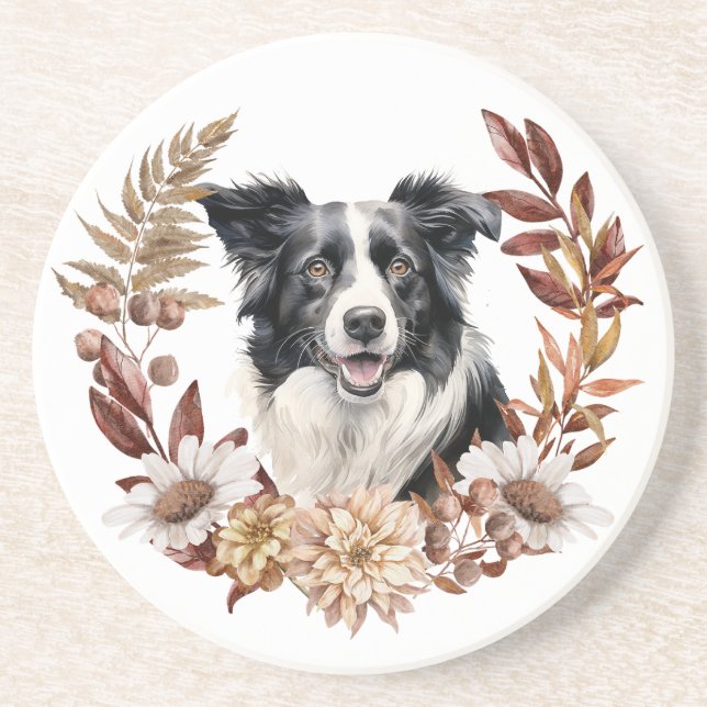 Posavasos Black White Border Collie Dog Otumn Wreath (Frente)