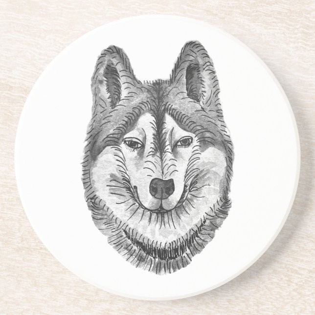 Posavasos Black & White Ink & Watercolor Siberian Husky (Frente)