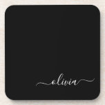 Posavasos Black White Modern Script Girly Monograma Nombre<br><div class="desc">Máster de papel con nombres de monograma de escritura simple en blanco y negro. Esto hace que la graduación perfecta, el cumpleaños, el boda, la ducha de novia, el aniversario, la ducha de bebé o la fiesta de soltera sea un regalo para alguien que ama el lujo glam y los...</div>