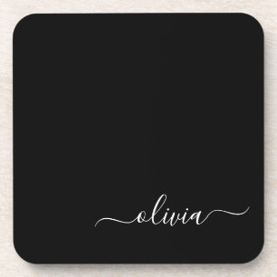 Posavasos Black White Modern Script Girly Monograma Nombre