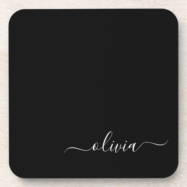 Posavasos Black White Modern Script Girly Monograma Nombre (Frente)