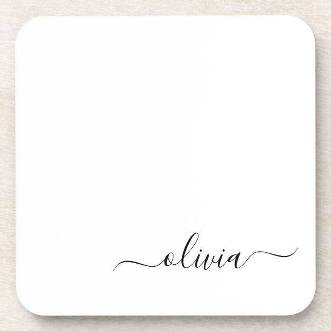 Posavasos Black White Modern Script Girly Monograma Nombre (Frente)