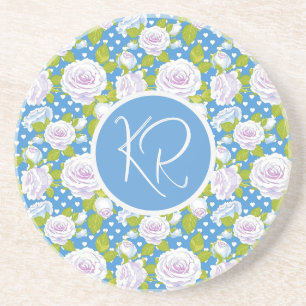 Posavasos Blanco Floral Azul Rosa Monograma Iniciales de Mod