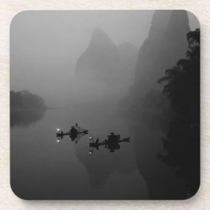 Posavasos Blanco y negro, China, río Li, pescador en