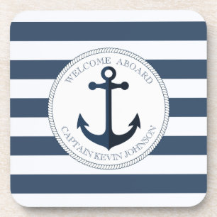 Posavasos Blue and white striped with anchor personalized