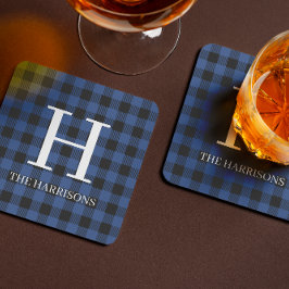 Posavasos Blue Black Buffalo Plaid Monogram Holiday