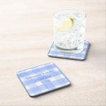 Posavasos Blue Check Gingham POOLSIDE VIBE cork back<br><div class="desc">Blue Check Gingham POOLSIDE VIBE cork back beverage coaster. PERSONALIZE.
This handpainted watercolor blue check design with a border detail of coastal blue adds a relaxing,  fun vibe to your decor. Personalize or customize with your message and name.
I love painting and design! I hope you enjoy my artwork.</div>