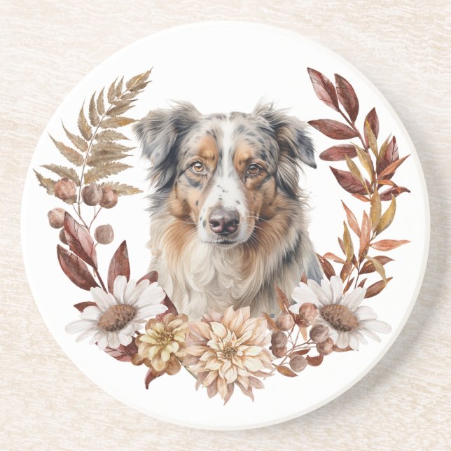 Posavasos Blue Merle Australian Shepherd Dog Otumn Wreath (Frente)