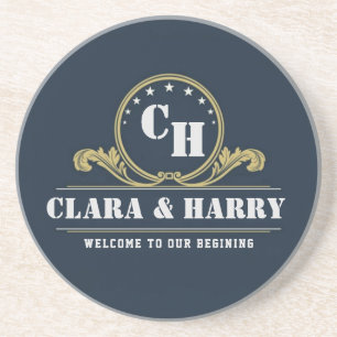 Posavasos Blue navy Monogram Initials elegant minimalist