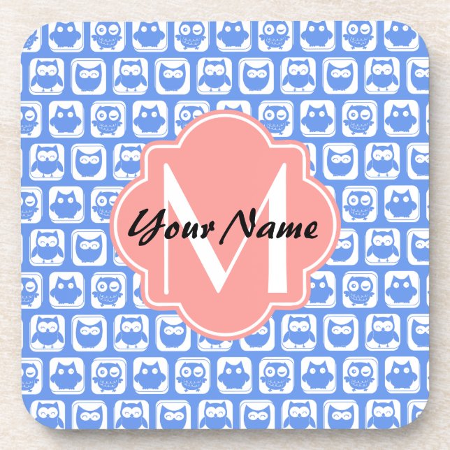 Posavasos Blue Owl Pattern Coral Monogram Personalized Name (Frente)