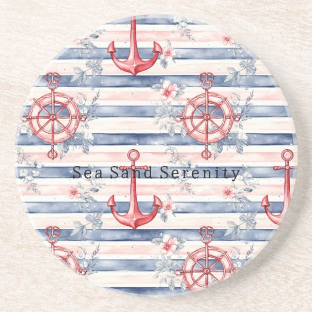 Posavasos Blue Red Anchors Floral Stripes Beach Ocean (Frente)