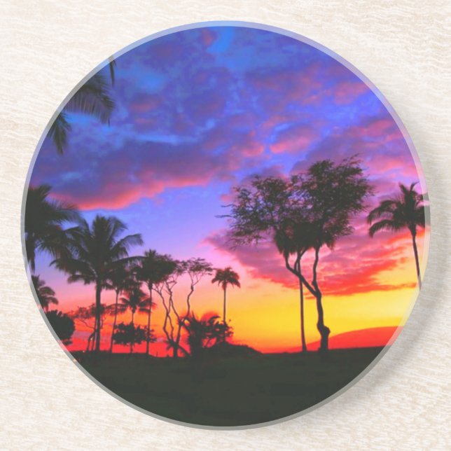 Posavasos Blue Red Sunset Exotic Hawaiian Beach Palm Trees (Frente)