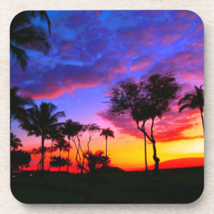 Posavasos Blue Red Sunset Exotic Hawaiian Beach Palm Trees
