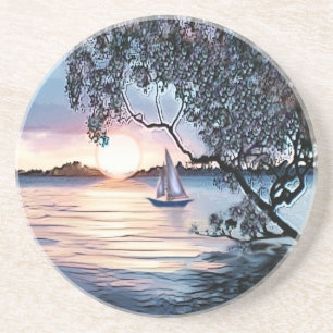 Posavasos Blue Sunset Sobre La Montaña De Lancha De Lago