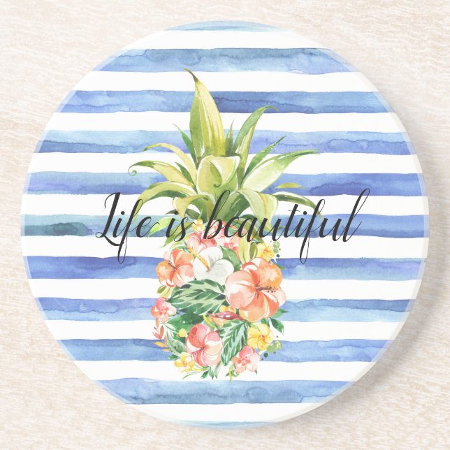 Posavasos Blue White Stripes Tropical Floral Pineapple (Frente)