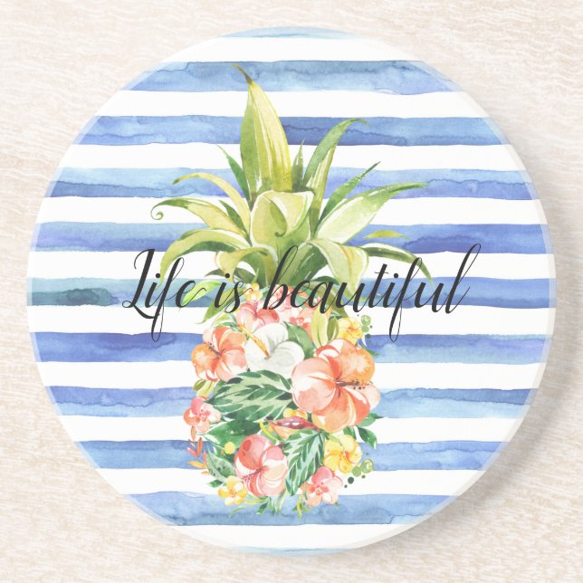 Posavasos Blue White Stripes Tropical Floral Pineapple (Frente)
