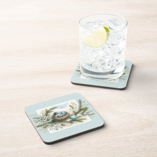 Posavasos Bluebird Nest with Ornaments in Winter Pines (Lado Derecho)